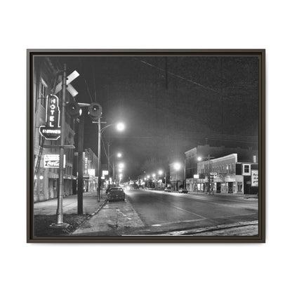 Northview Hotel Looking South Findlay, O. ca 1967 Vintage Cityscape Framed Canvas - Matte Black Wall Art