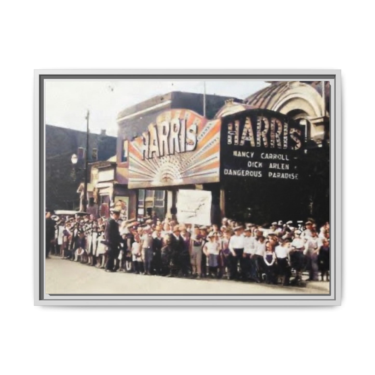 Harris Theater lines galore Vintage Framed Canvas Print - Historic Harris Theater Scene