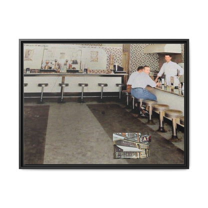 1947 Opening Day Miller’s Luncheonette Findlay, O. Retro Bar Scene Framed Canvas Art - Nostalgic Decor for Home or Office