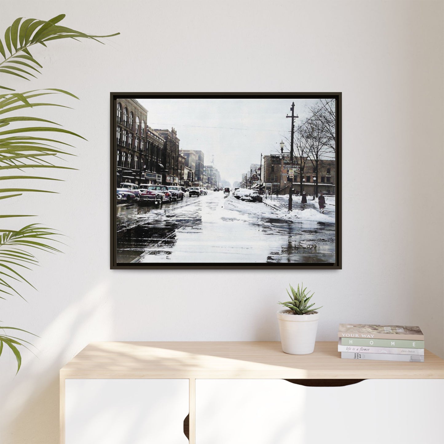 Winter Wonderland Framed Matte Canvas - Urban Snow Scene Wall Art