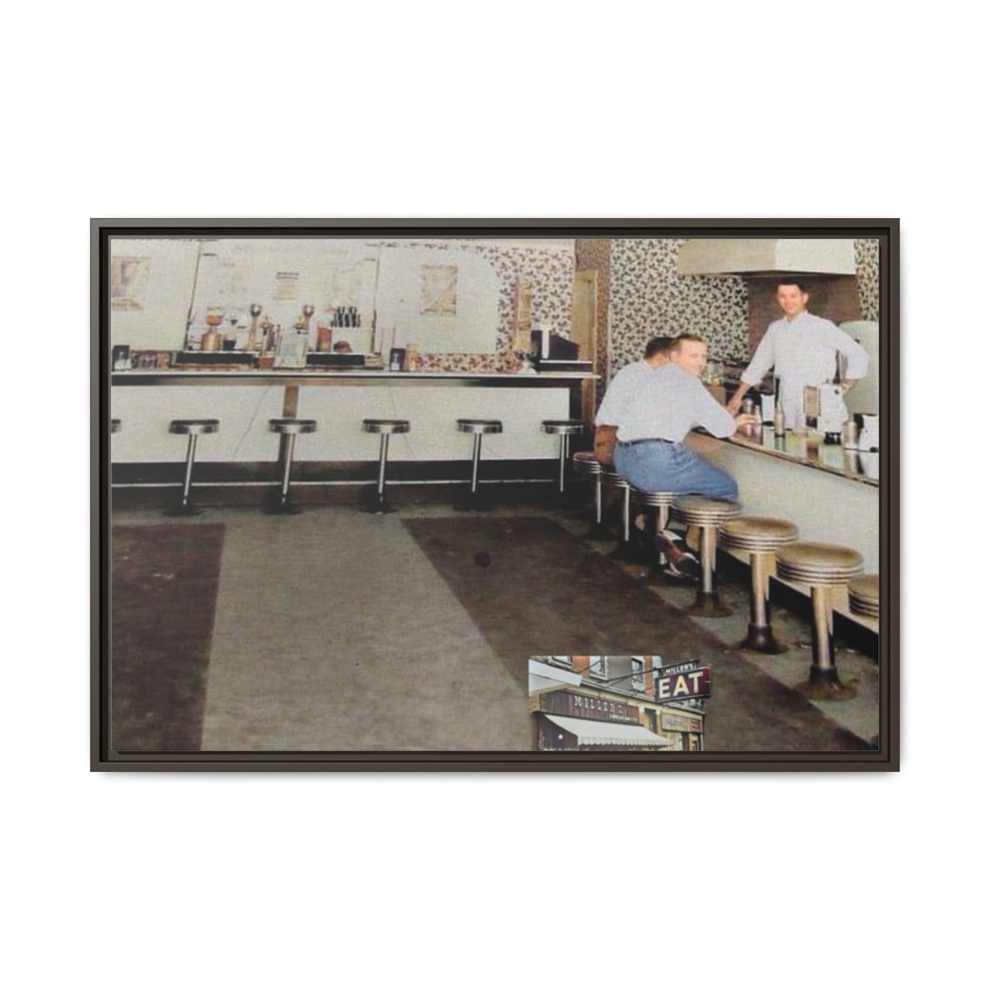 1947 Opening Day Miller’s Luncheonette Findlay, O. Retro Bar Scene Framed Canvas Art - Nostalgic Decor for Home or Office