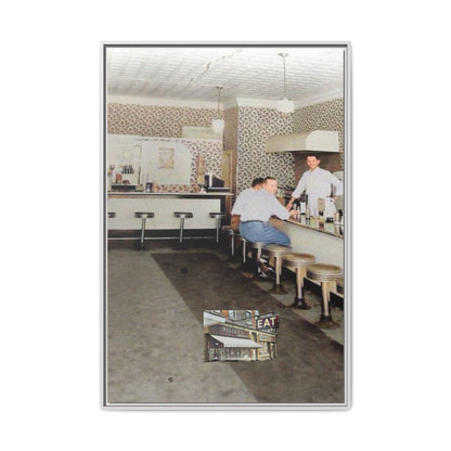 1947 Opening Day Miller’s Luncheonette Findlay, O. Retro Bar Scene Framed Canvas Art - Nostalgic Decor for Home or Office