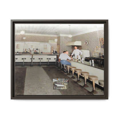 1947 Opening Day Miller’s Luncheonette Findlay, O. Retro Bar Scene Framed Canvas Art - Nostalgic Decor for Home or Office