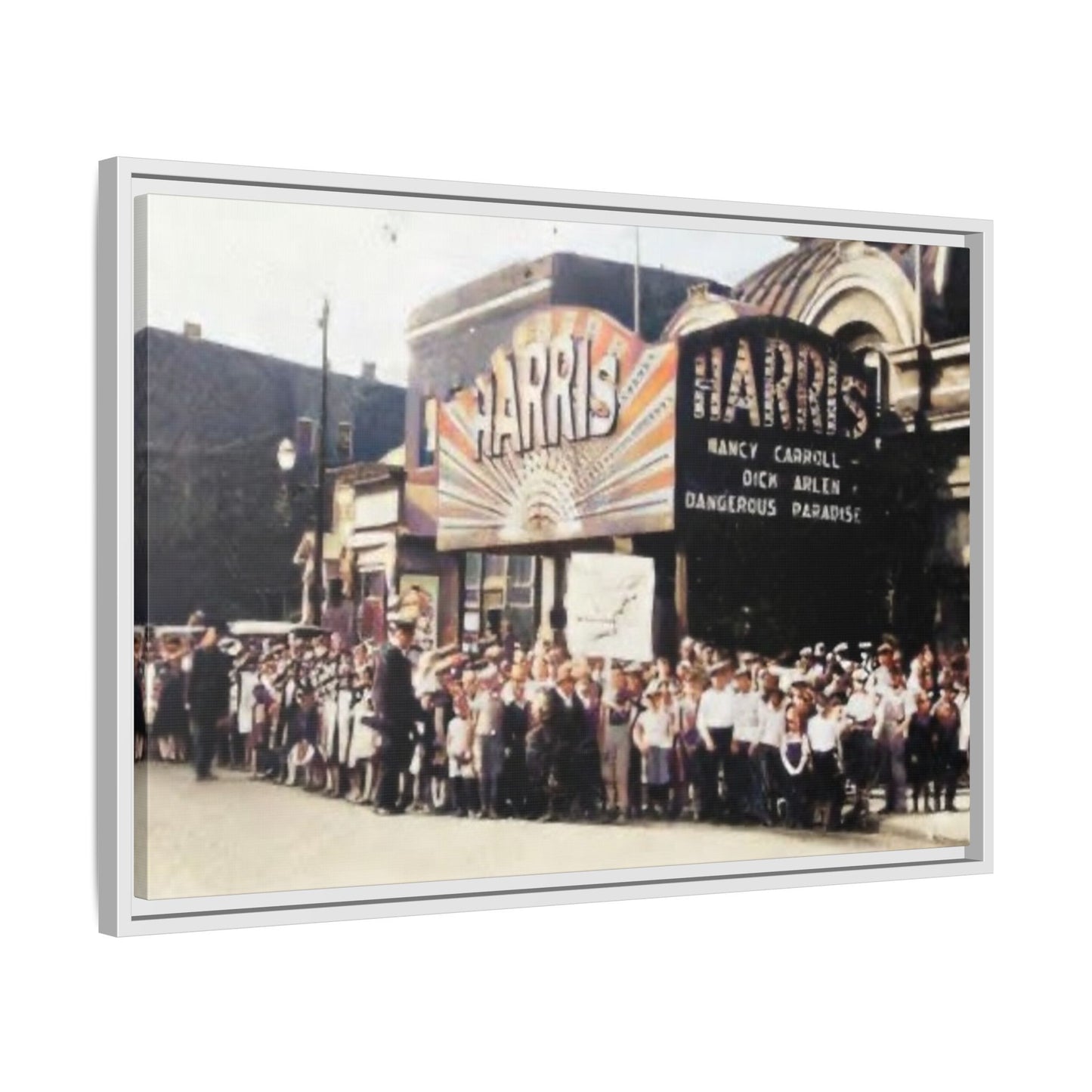 Harris Theater lines galore Vintage Framed Canvas Print - Historic Harris Theater Scene