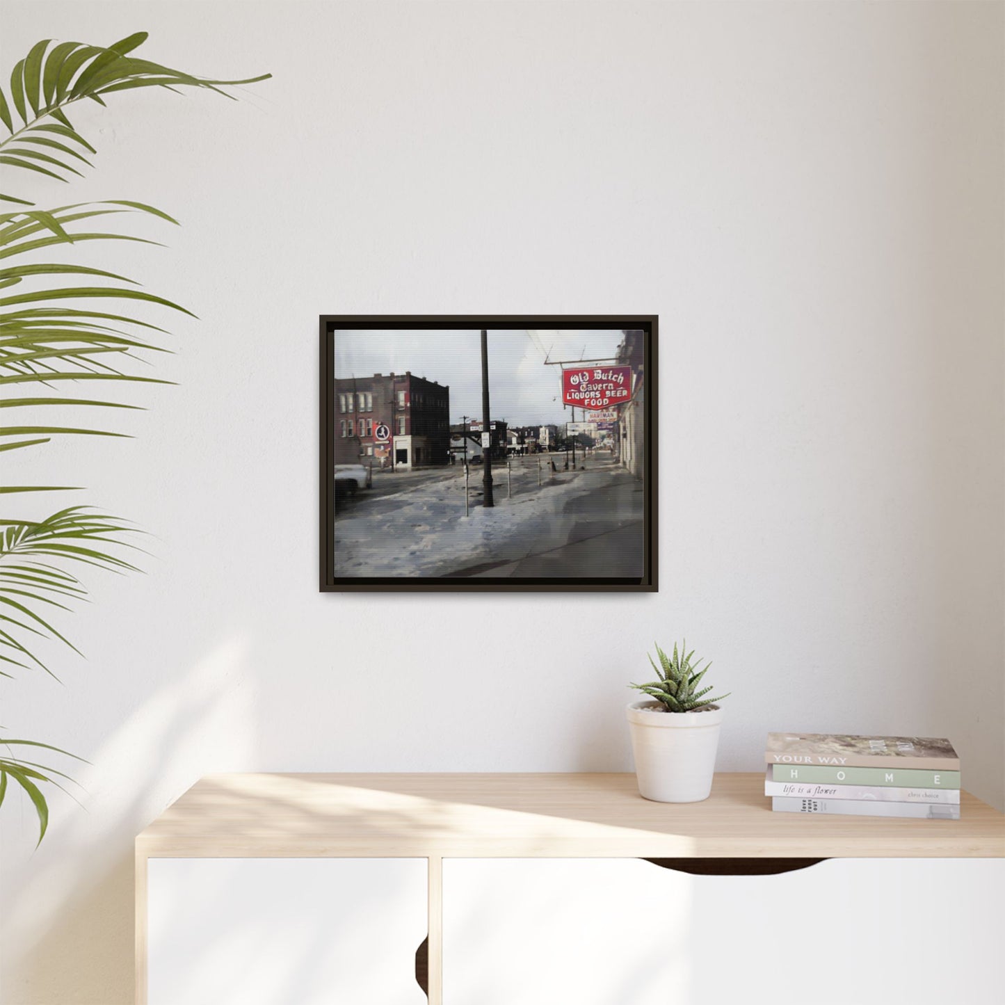 February 1959 Findlay Flood Original Dutch Framed Matte Canvas Art - Vintage Tavern Street Scene