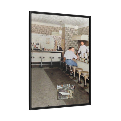 1947 Opening Day Miller’s Luncheonette Findlay, O. Retro Bar Scene Framed Canvas Art - Nostalgic Decor for Home or Office