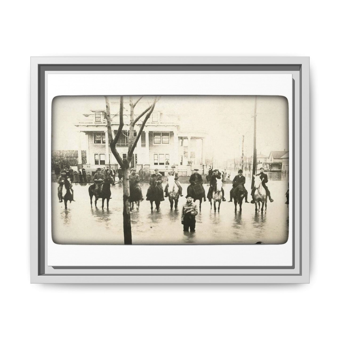 717 N Main Findlay, O  1913 Flood Original B & W Vintage Framed Matte Canvas - Equestrian Scene Wall Art