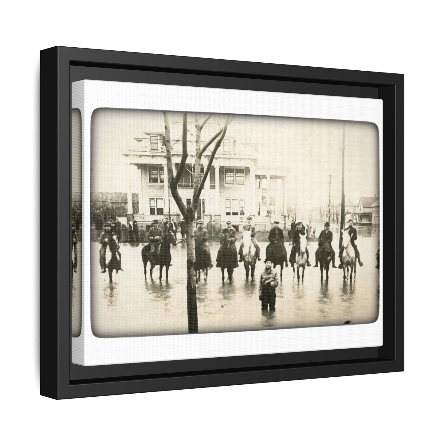 717 N Main Findlay, O  1913 Flood Original B & W Vintage Framed Matte Canvas - Equestrian Scene Wall Art