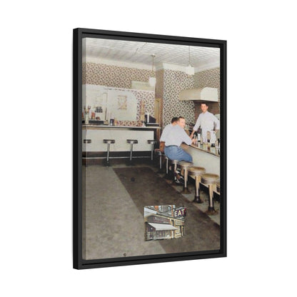 1947 Opening Day Miller’s Luncheonette Findlay, O. Retro Bar Scene Framed Canvas Art - Nostalgic Decor for Home or Office