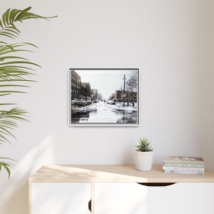 Winter Wonderland Framed Matte Canvas - Urban Snow Scene Wall Art