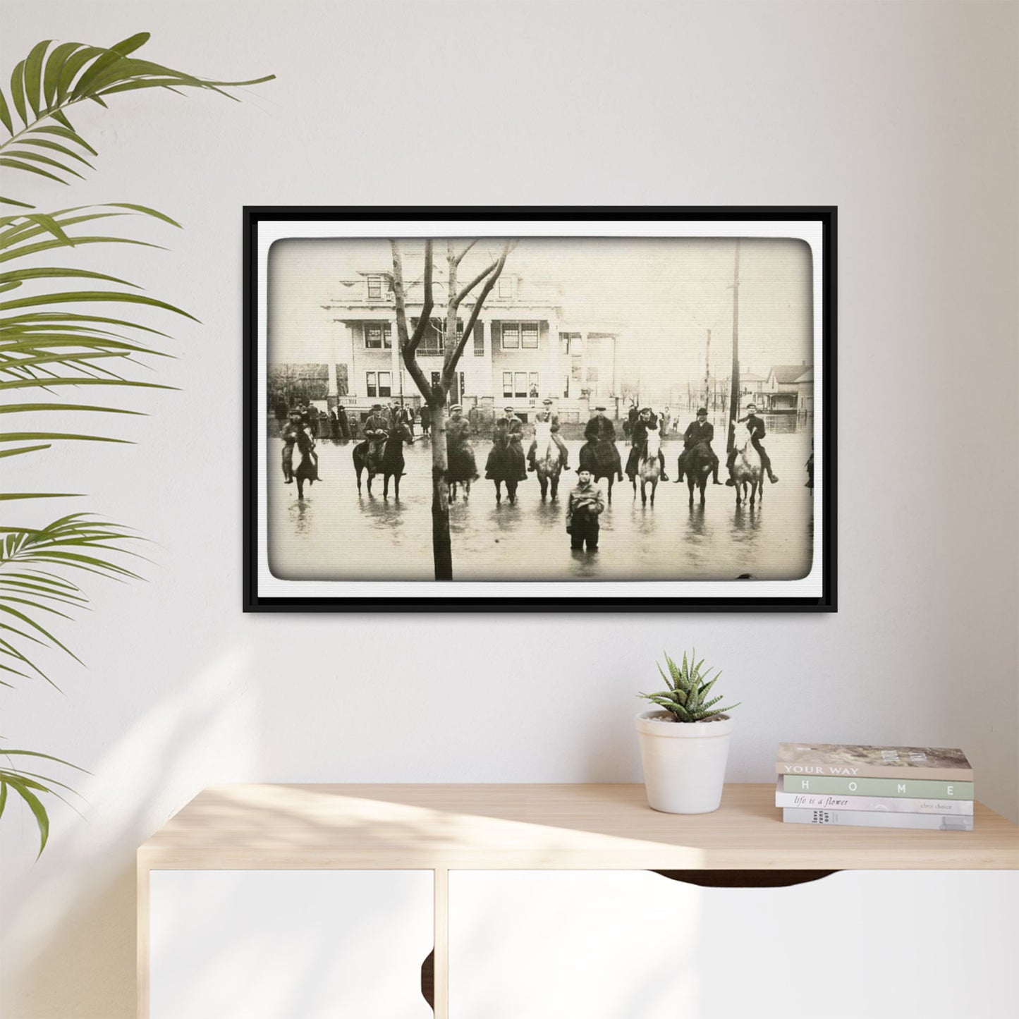 717 N Main Findlay, O  1913 Flood Original B & W Vintage Framed Matte Canvas - Equestrian Scene Wall Art