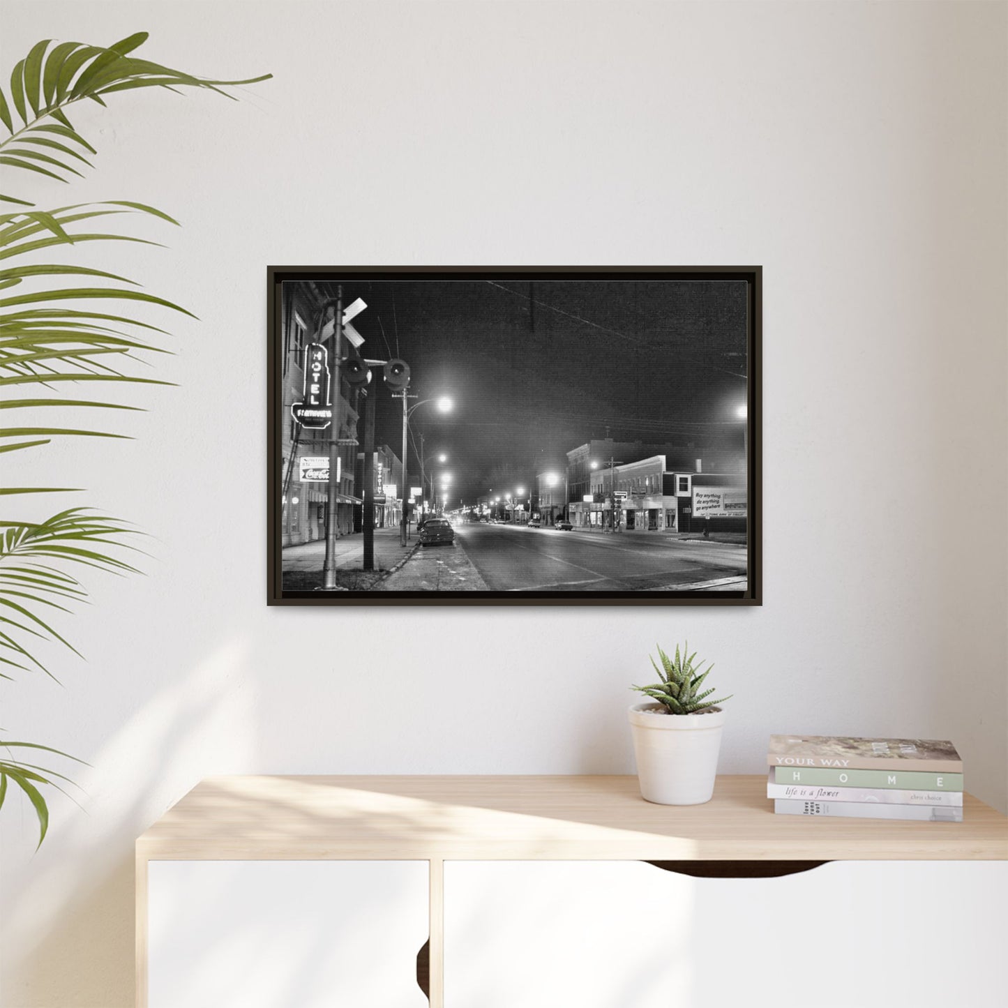 Northview Hotel Looking South Findlay, O. ca 1967 Vintage Cityscape Framed Canvas - Matte Black Wall Art