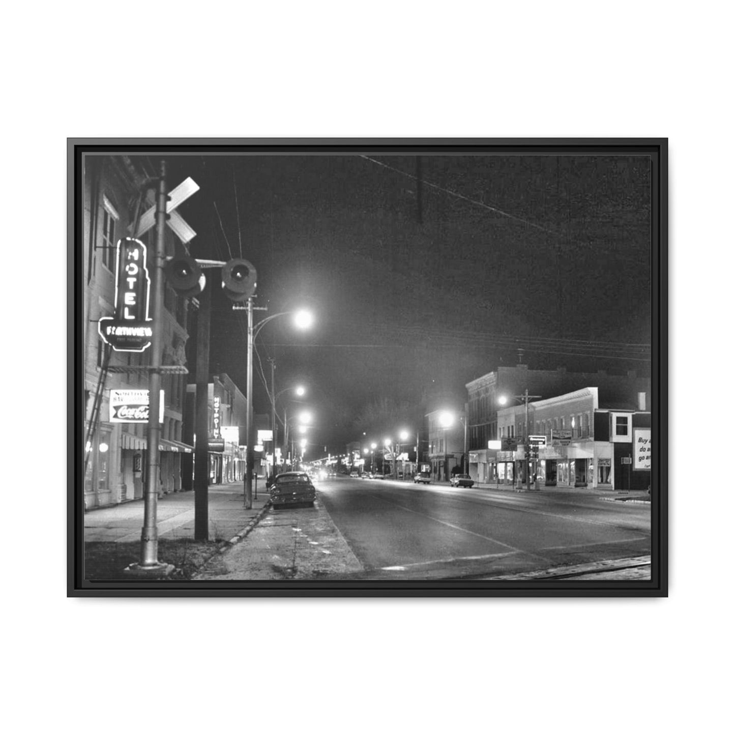 Northview Hotel Looking South Findlay, O. ca 1967 Vintage Cityscape Framed Canvas - Matte Black Wall Art