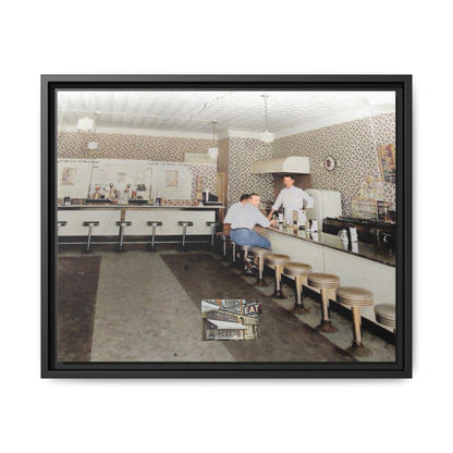 1947 Opening Day Miller’s Luncheonette Findlay, O. Retro Bar Scene Framed Canvas Art - Nostalgic Decor for Home or Office