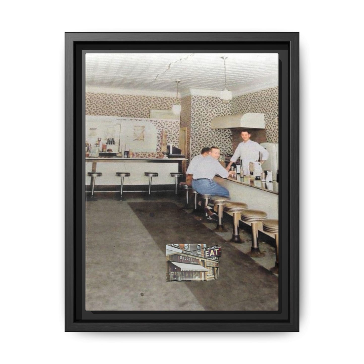 1947 Opening Day Miller’s Luncheonette Findlay, O. Retro Bar Scene Framed Canvas Art - Nostalgic Decor for Home or Office