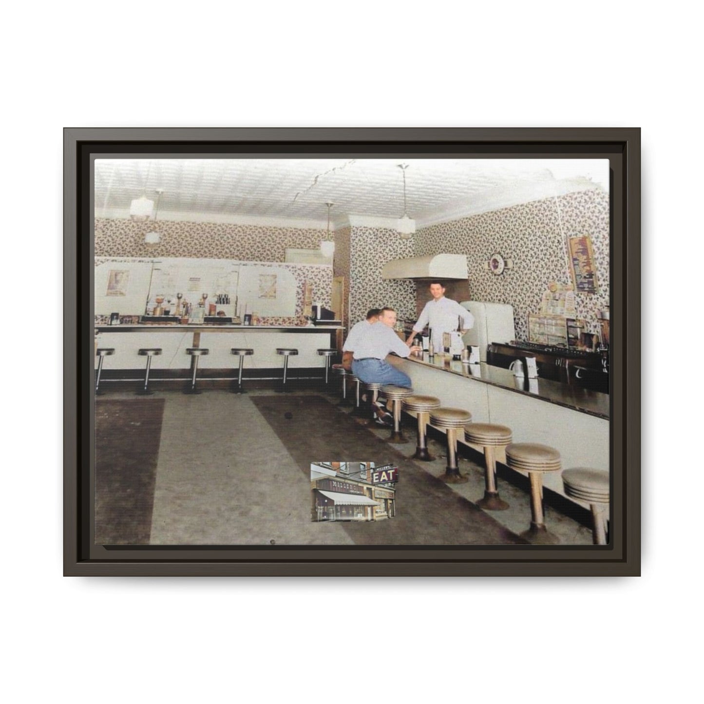 1947 Opening Day Miller’s Luncheonette Findlay, O. Retro Bar Scene Framed Canvas Art - Nostalgic Decor for Home or Office