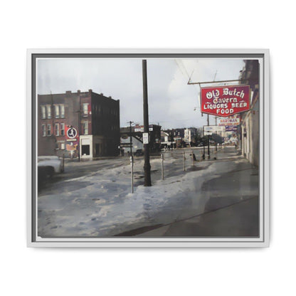 February 1959 Findlay Flood Original Dutch Framed Matte Canvas Art - Vintage Tavern Street Scene