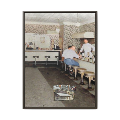 1947 Opening Day Miller’s Luncheonette Findlay, O. Retro Bar Scene Framed Canvas Art - Nostalgic Decor for Home or Office