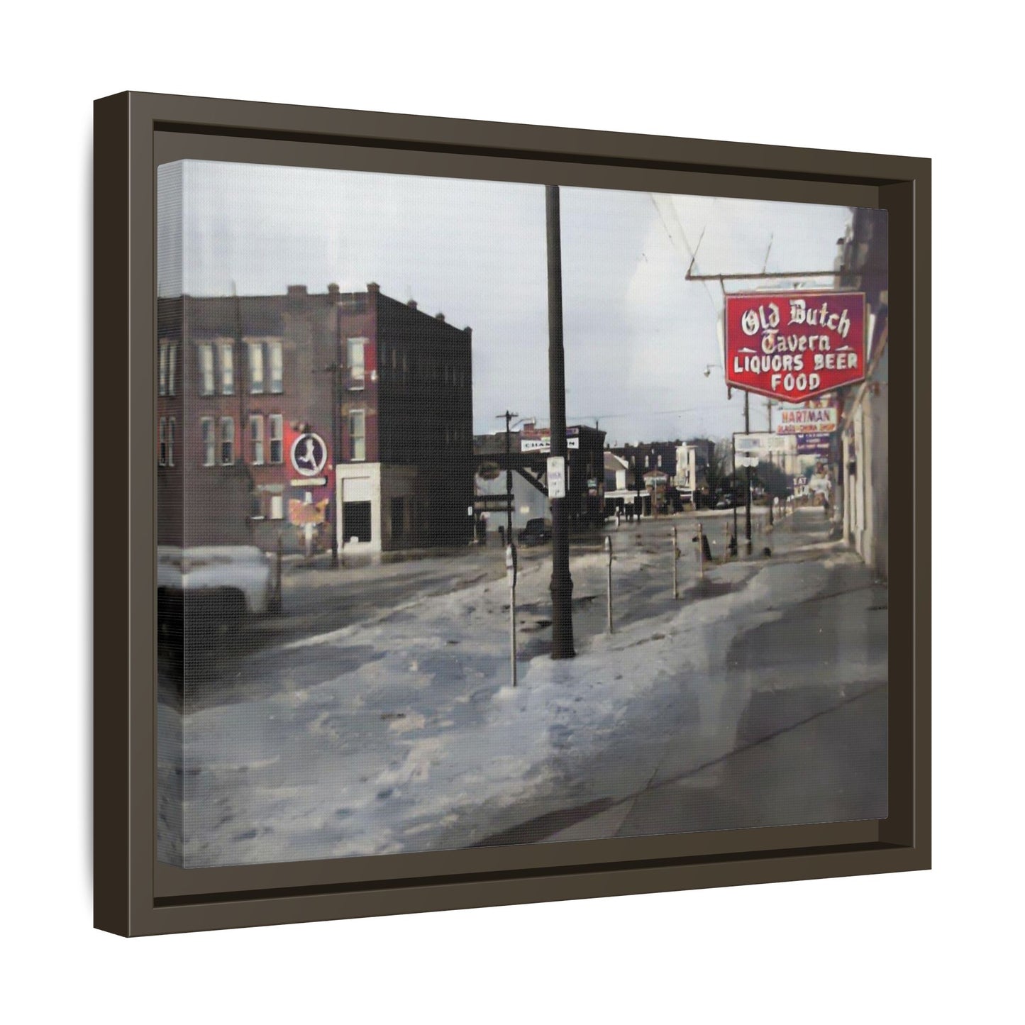 February 1959 Findlay Flood Original Dutch Framed Matte Canvas Art - Vintage Tavern Street Scene