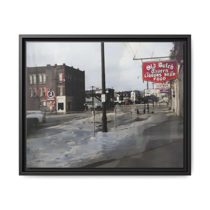 February 1959 Findlay Flood Original Dutch Framed Matte Canvas Art - Vintage Tavern Street Scene