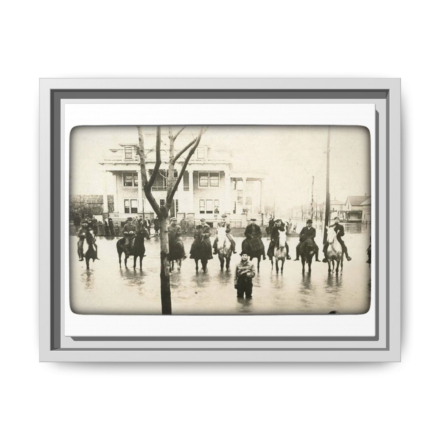 717 N Main Findlay, O  1913 Flood Original B & W Vintage Framed Matte Canvas - Equestrian Scene Wall Art