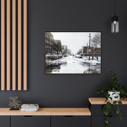 Winter Wonderland Framed Matte Canvas - Urban Snow Scene Wall Art