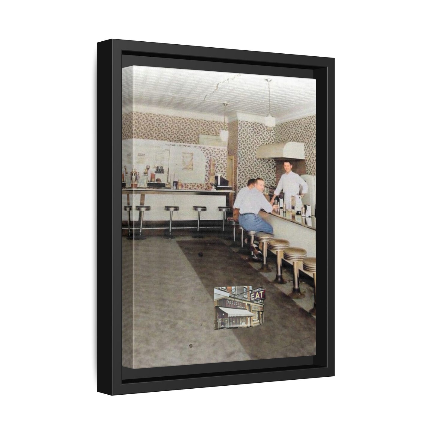 1947 Opening Day Miller’s Luncheonette Findlay, O. Retro Bar Scene Framed Canvas Art - Nostalgic Decor for Home or Office