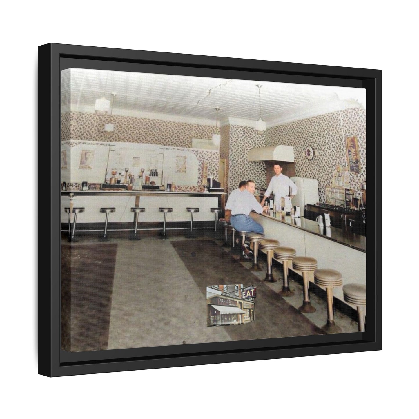 1947 Opening Day Miller’s Luncheonette Findlay, O. Retro Bar Scene Framed Canvas Art - Nostalgic Decor for Home or Office