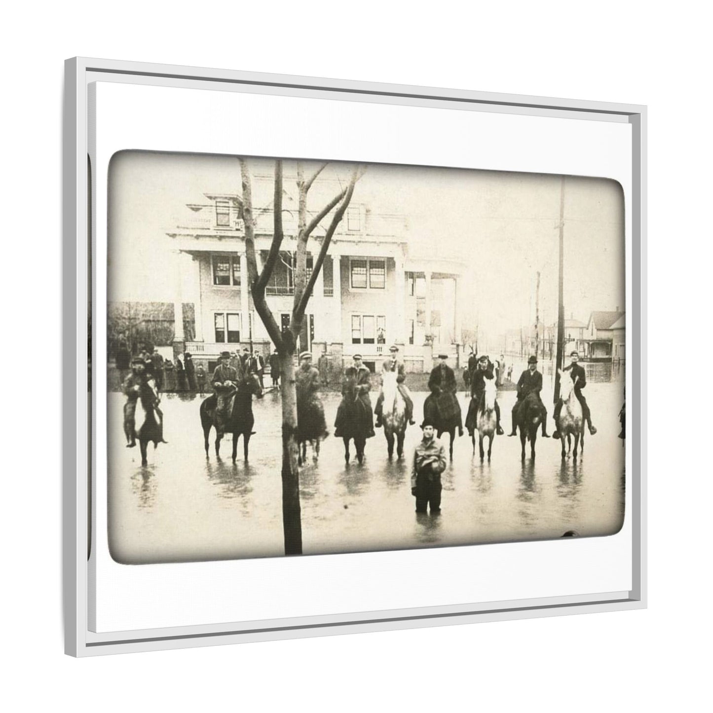 717 N Main Findlay, O  1913 Flood Original B & W Vintage Framed Matte Canvas - Equestrian Scene Wall Art