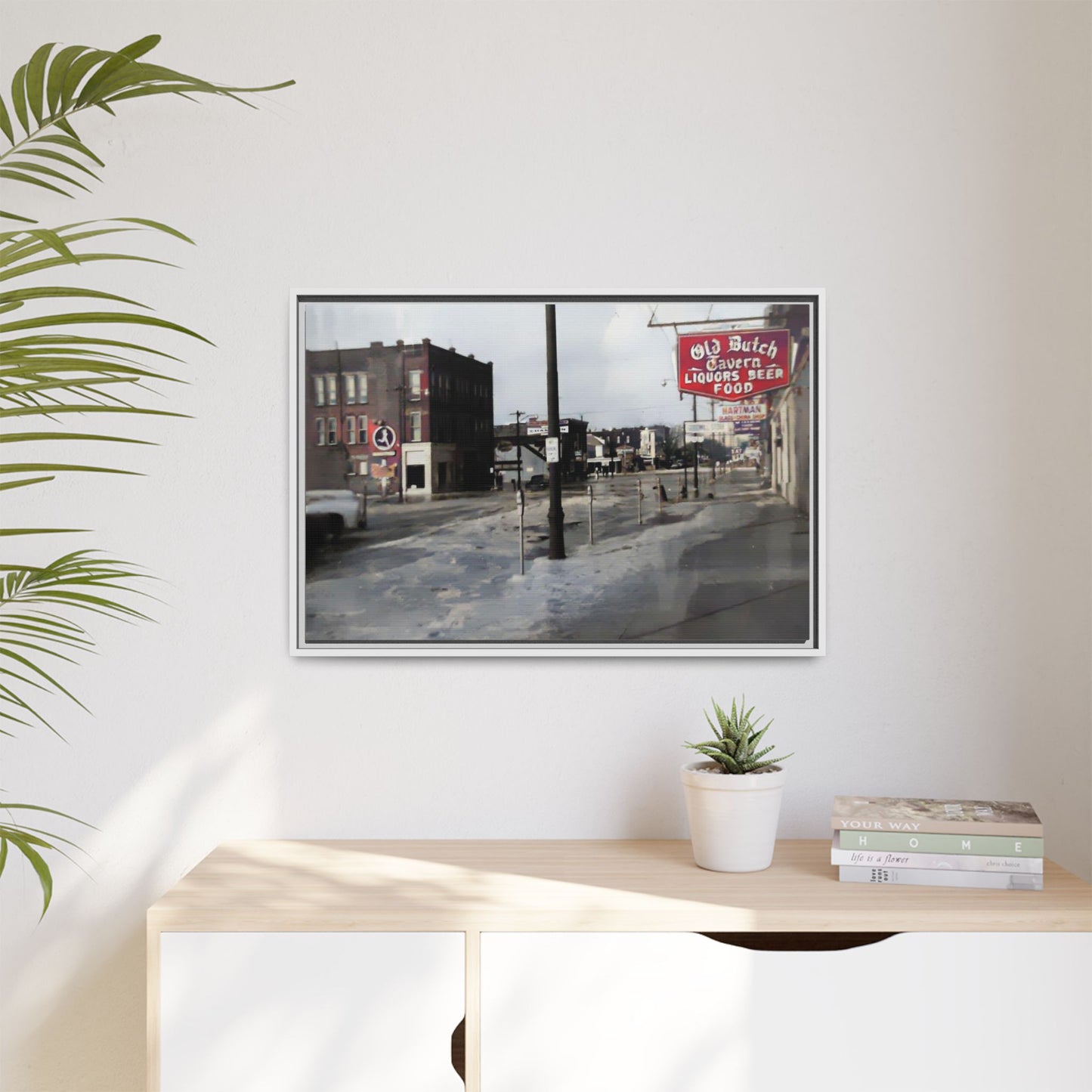 February 1959 Findlay Flood Original Dutch Framed Matte Canvas Art - Vintage Tavern Street Scene