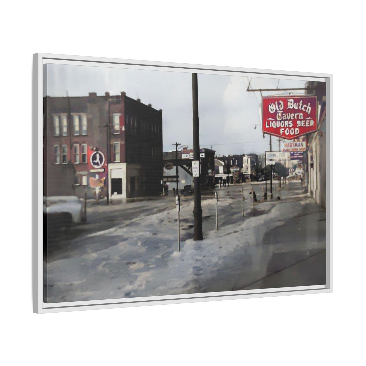 February 1959 Findlay Flood Original Dutch Framed Matte Canvas Art - Vintage Tavern Street Scene