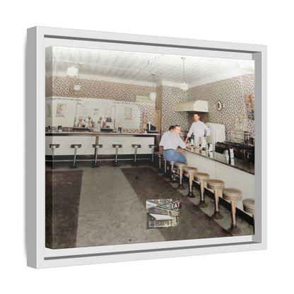 1947 Opening Day Miller’s Luncheonette Findlay, O. Retro Bar Scene Framed Canvas Art - Nostalgic Decor for Home or Office