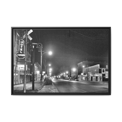 Northview Hotel Looking South Findlay, O. ca 1967 Vintage Cityscape Framed Canvas - Matte Black Wall Art