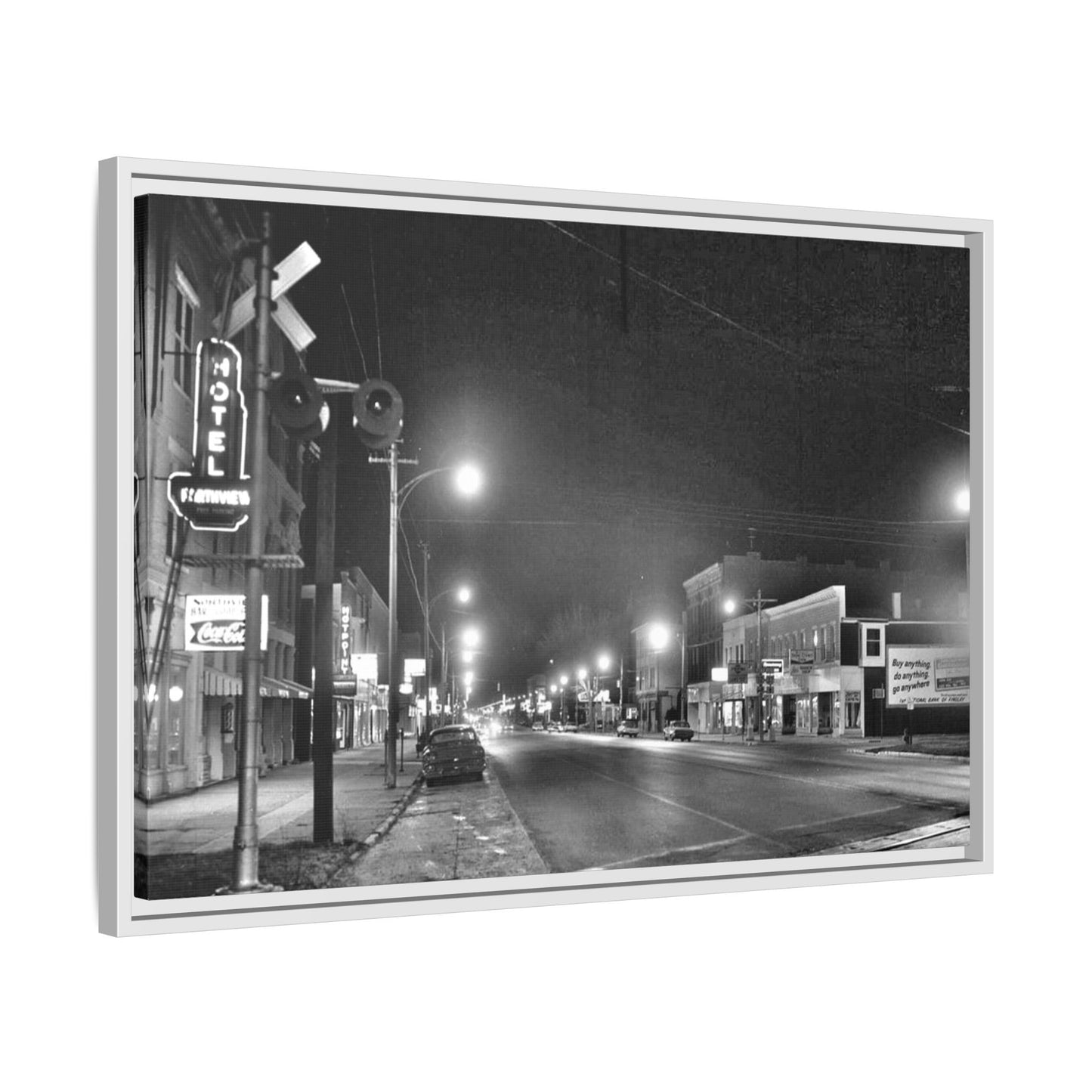 Northview Hotel Looking South Findlay, O. ca 1967 Vintage Cityscape Framed Canvas - Matte Black Wall Art