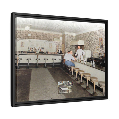 1947 Opening Day Miller’s Luncheonette Findlay, O. Retro Bar Scene Framed Canvas Art - Nostalgic Decor for Home or Office