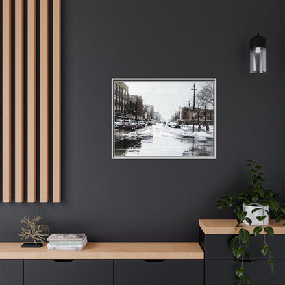 Winter Wonderland Framed Matte Canvas - Urban Snow Scene Wall Art