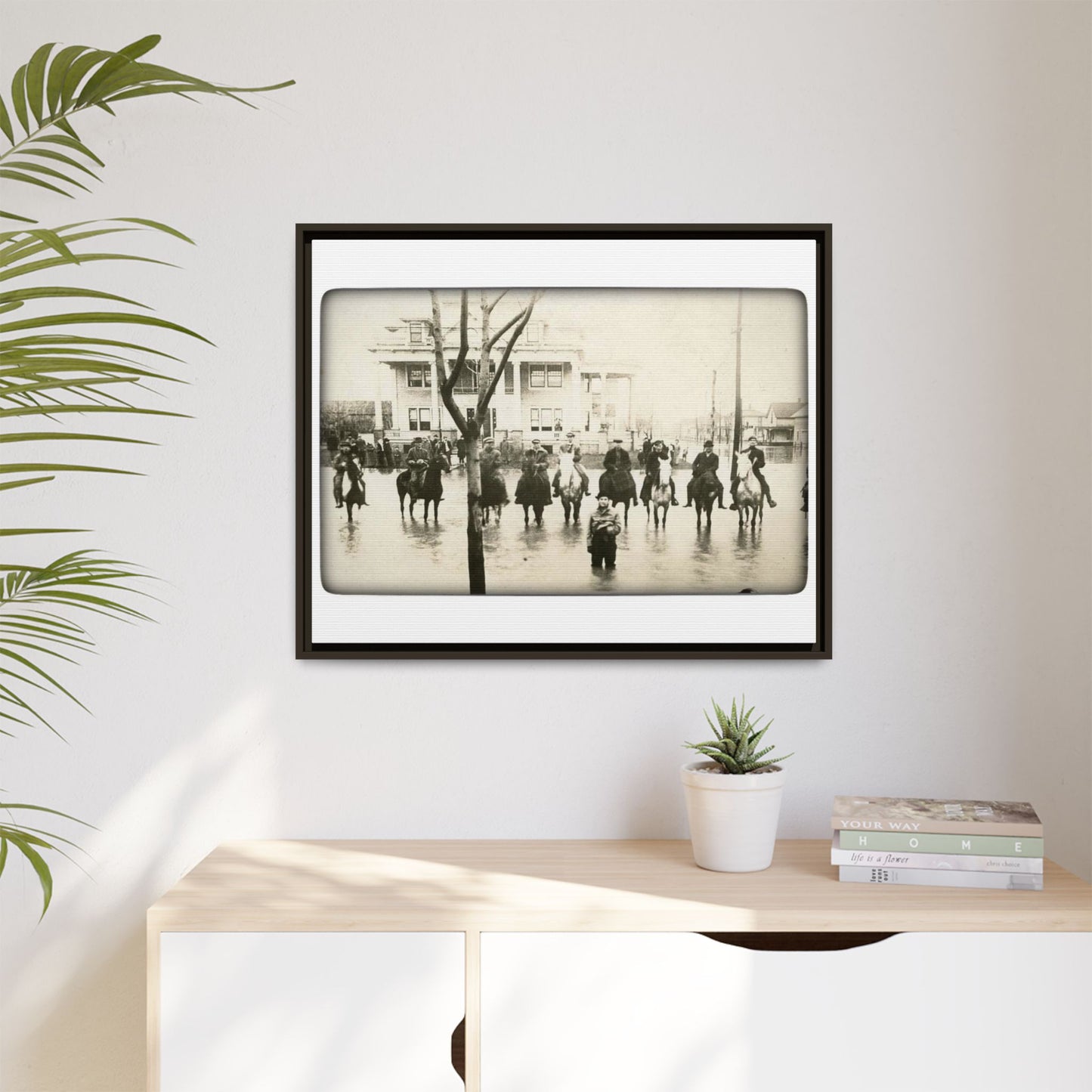 717 N Main Findlay, O  1913 Flood Original B & W Vintage Framed Matte Canvas - Equestrian Scene Wall Art