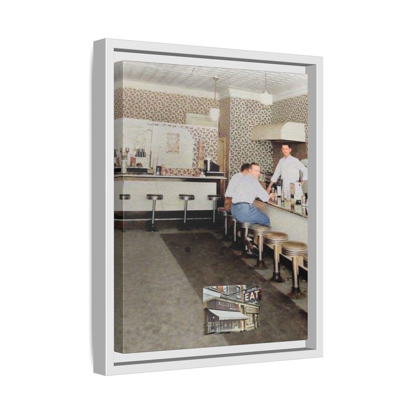 1947 Opening Day Miller’s Luncheonette Findlay, O. Retro Bar Scene Framed Canvas Art - Nostalgic Decor for Home or Office