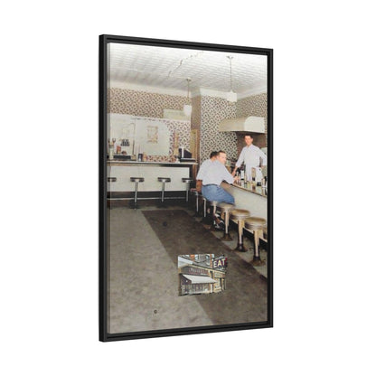 1947 Opening Day Miller’s Luncheonette Findlay, O. Retro Bar Scene Framed Canvas Art - Nostalgic Decor for Home or Office