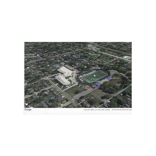 Postcards from Google Earth 🌏🏞️ Donnell School, Stadium, Pond Fine Art Postcards