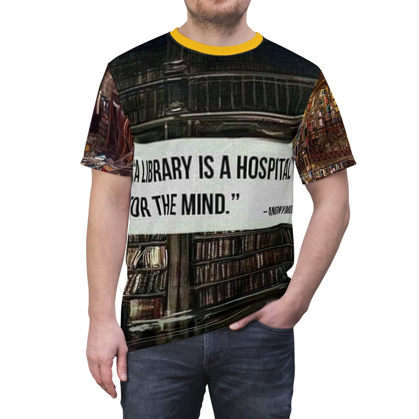 A LIBRARY IS A HOSPITAL FOR THE MIND Unisex Cut & Sew Tee (AOP)