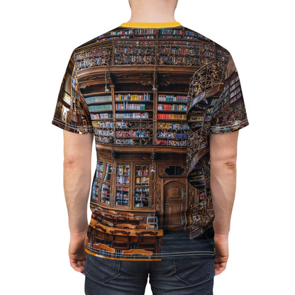 A LIBRARY IS A HOSPITAL FOR THE MIND Unisex Cut & Sew Tee (AOP)